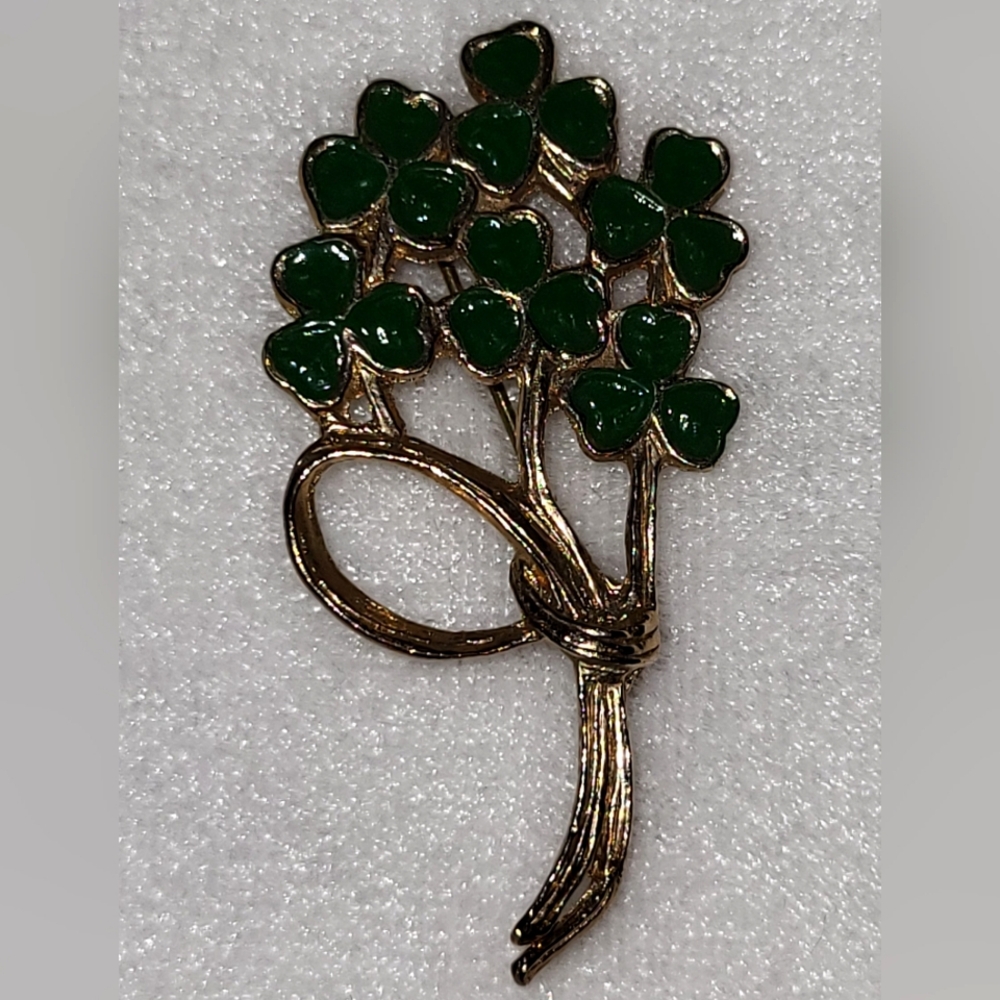 Vintage Green Shamrock Bouquet Gold Tone Brooch / Pin